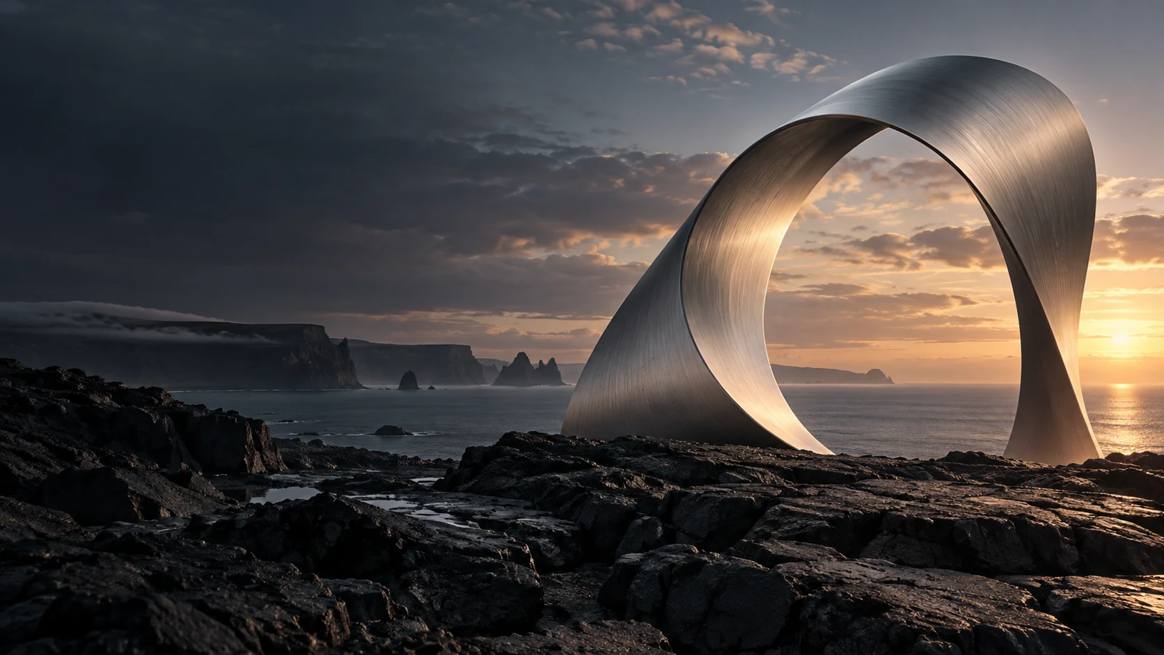 Sculptural silver arch above a dark coastal landscape at dawn