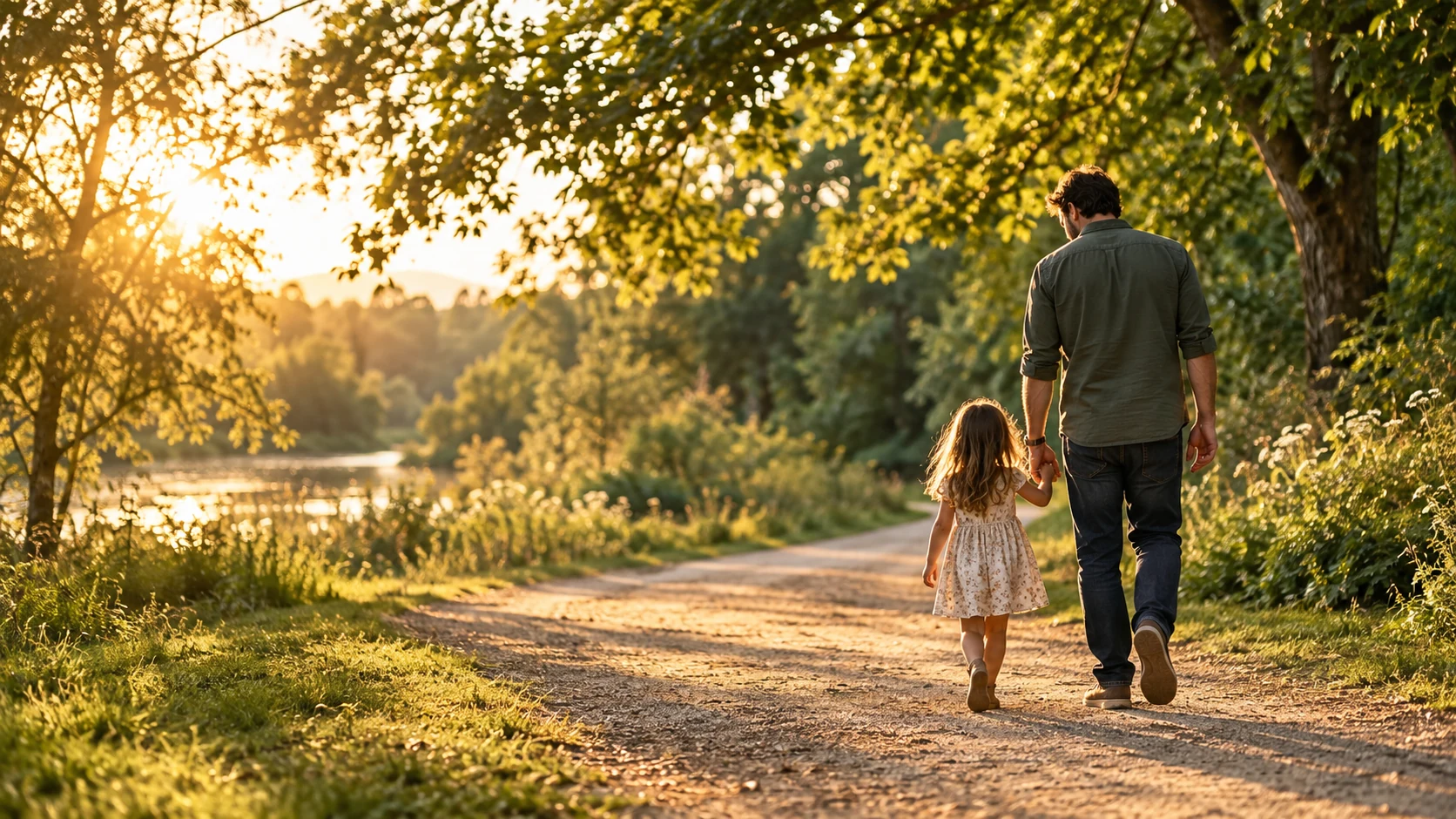 A parent and child enjoying a quiet walk through a sunlit park