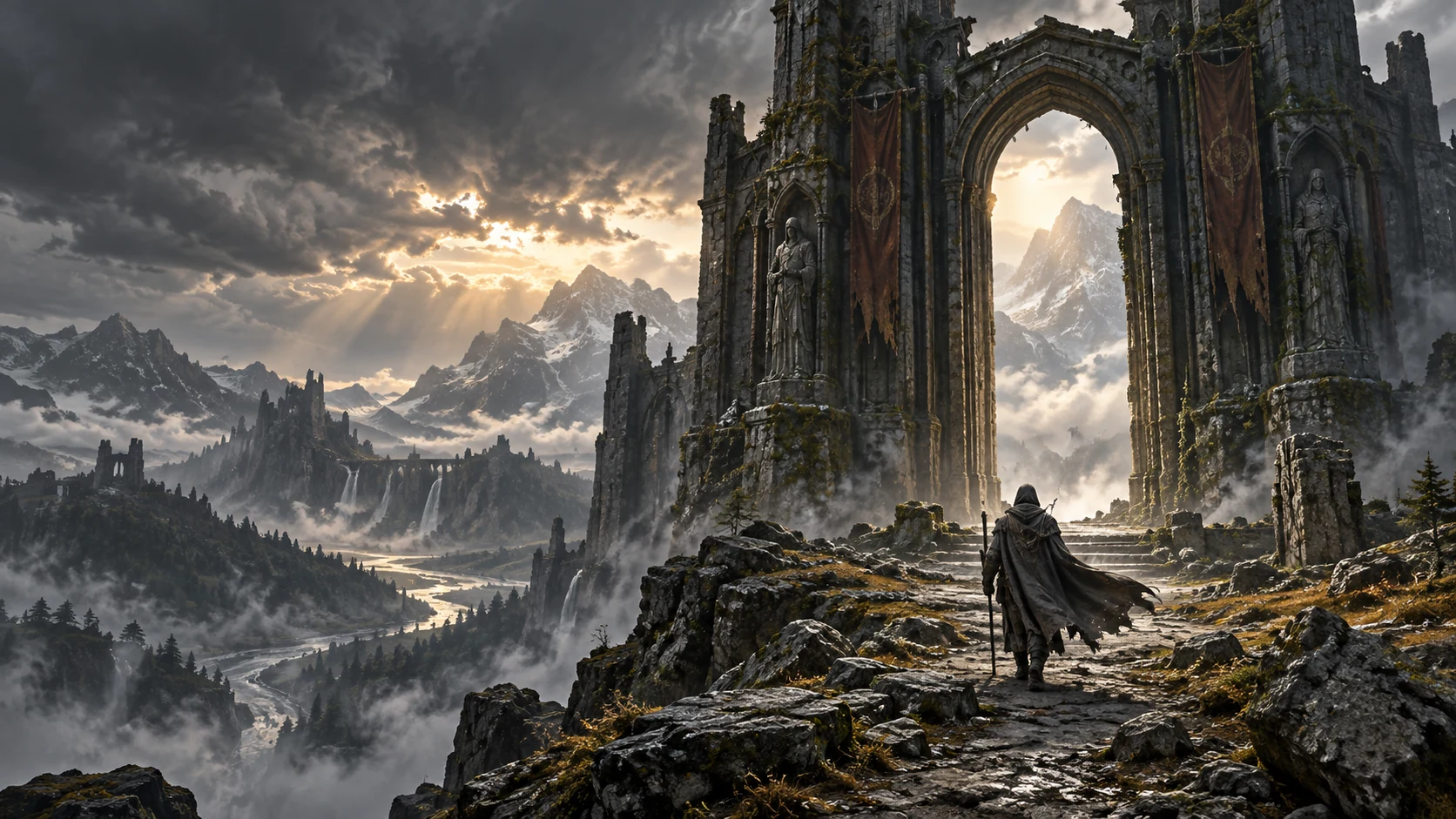Original concept artwork of a lone traveler approaching a monumental ruined gateway