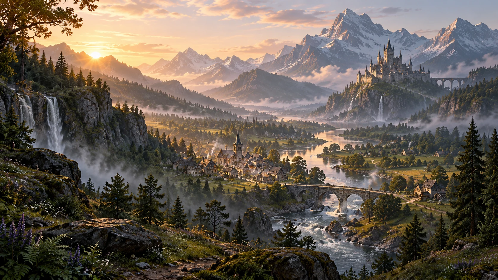 Concept artwork of Thornvale Valley, with a winding river, stone village, and distant mountain castle